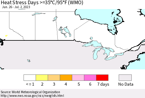 Canada Heat Stress Days >=35°C/95°F (WMO) Thematic Map For 6/26/2023 - 7/2/2023