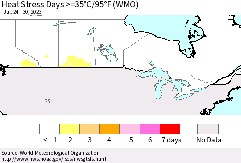 Canada Heat Stress Days >=35°C/95°F (WMO) Thematic Map For 7/24/2023 - 7/30/2023