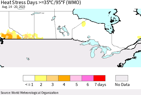 Canada Heat Stress Days >=35°C/95°F (WMO) Thematic Map For 8/14/2023 - 8/20/2023
