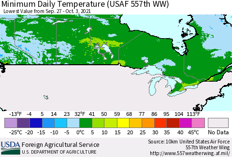 Canada Minimum Daily Temperature (USAF 557th WW) Thematic Map For 9/27/2021 - 10/3/2021