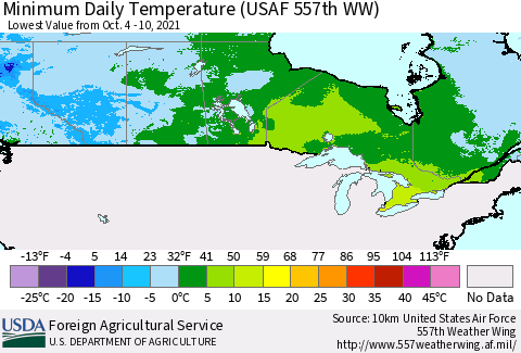 Canada Minimum Daily Temperature (USAF 557th WW) Thematic Map For 10/4/2021 - 10/10/2021