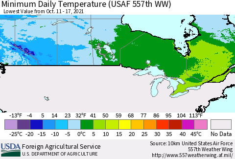 Canada Minimum Daily Temperature (USAF 557th WW) Thematic Map For 10/11/2021 - 10/17/2021