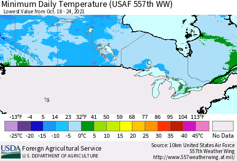 Canada Minimum Daily Temperature (USAF 557th WW) Thematic Map For 10/18/2021 - 10/24/2021