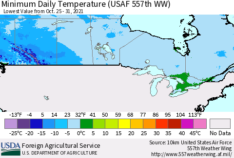 Canada Minimum Daily Temperature (USAF 557th WW) Thematic Map For 10/25/2021 - 10/31/2021