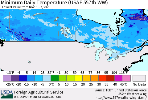Canada Minimum Daily Temperature (USAF 557th WW) Thematic Map For 11/1/2021 - 11/7/2021