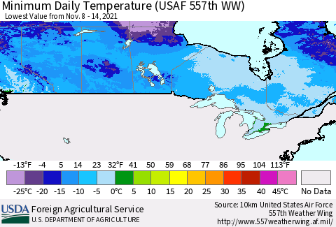 Canada Minimum Daily Temperature (USAF 557th WW) Thematic Map For 11/8/2021 - 11/14/2021