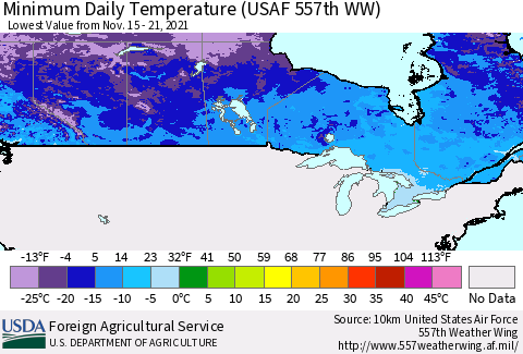 Canada Minimum Daily Temperature (USAF 557th WW) Thematic Map For 11/15/2021 - 11/21/2021