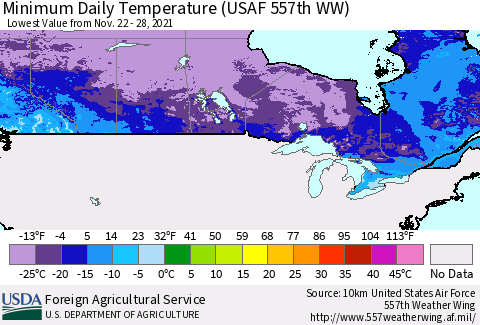Canada Minimum Daily Temperature (USAF 557th WW) Thematic Map For 11/22/2021 - 11/28/2021