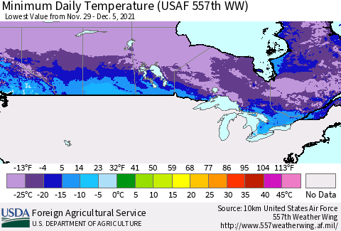 Canada Minimum Daily Temperature (USAF 557th WW) Thematic Map For 11/29/2021 - 12/5/2021