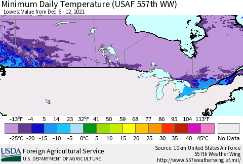 Canada Minimum Daily Temperature (USAF 557th WW) Thematic Map For 12/6/2021 - 12/12/2021