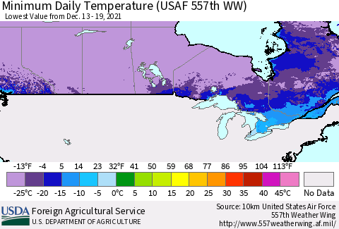 Canada Minimum Daily Temperature (USAF 557th WW) Thematic Map For 12/13/2021 - 12/19/2021