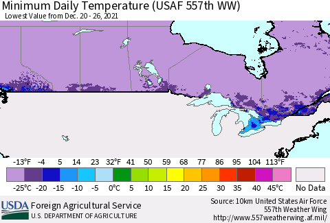 Canada Minimum Daily Temperature (USAF 557th WW) Thematic Map For 12/20/2021 - 12/26/2021