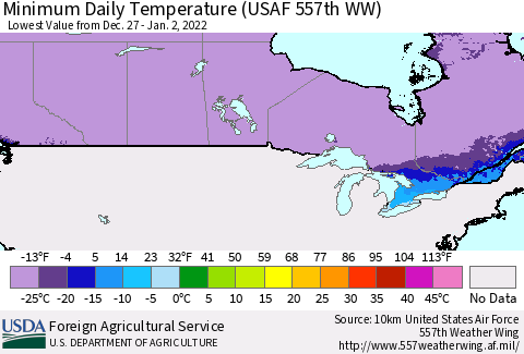 Canada Minimum Daily Temperature (USAF 557th WW) Thematic Map For 12/27/2021 - 1/2/2022