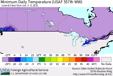 Canada Minimum Daily Temperature (USAF 557th WW) Thematic Map For 1/3/2022 - 1/9/2022