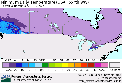 Canada Minimum Daily Temperature (USAF 557th WW) Thematic Map For 1/10/2022 - 1/16/2022