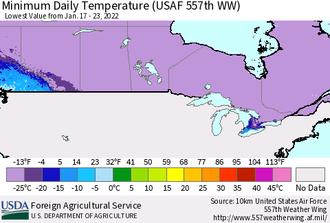 Canada Minimum Daily Temperature (USAF 557th WW) Thematic Map For 1/17/2022 - 1/23/2022