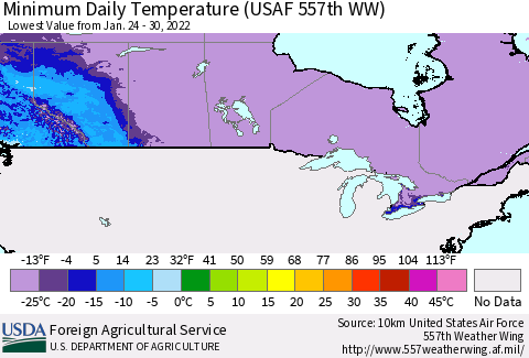 Canada Minimum Daily Temperature (USAF 557th WW) Thematic Map For 1/24/2022 - 1/30/2022