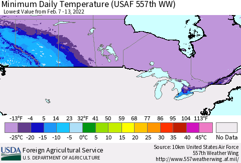 Canada Minimum Daily Temperature (USAF 557th WW) Thematic Map For 2/7/2022 - 2/13/2022