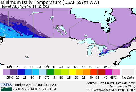 Canada Minimum Daily Temperature (USAF 557th WW) Thematic Map For 2/14/2022 - 2/20/2022