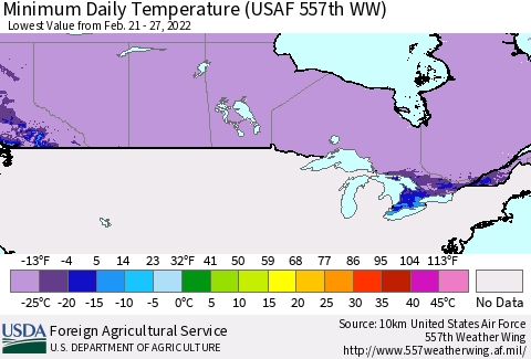 Canada Minimum Daily Temperature (USAF 557th WW) Thematic Map For 2/21/2022 - 2/27/2022