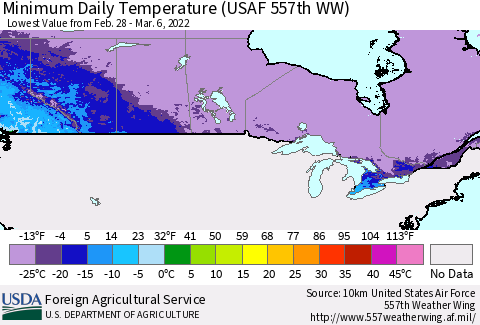 Canada Minimum Daily Temperature (USAF 557th WW) Thematic Map For 2/28/2022 - 3/6/2022