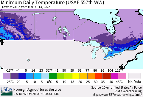 Canada Minimum Daily Temperature (USAF 557th WW) Thematic Map For 3/7/2022 - 3/13/2022