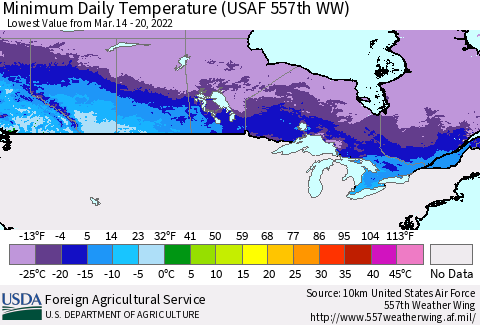 Canada Minimum Daily Temperature (USAF 557th WW) Thematic Map For 3/14/2022 - 3/20/2022