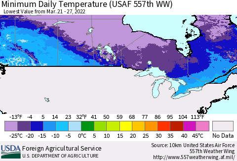 Canada Minimum Daily Temperature (USAF 557th WW) Thematic Map For 3/21/2022 - 3/27/2022