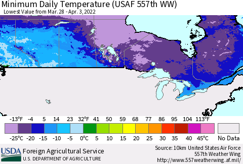 Canada Minimum Daily Temperature (USAF 557th WW) Thematic Map For 3/28/2022 - 4/3/2022