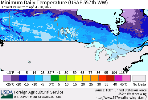 Canada Minimum Daily Temperature (USAF 557th WW) Thematic Map For 4/4/2022 - 4/10/2022
