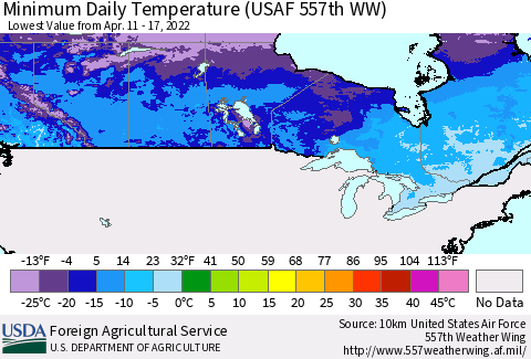 Canada Minimum Daily Temperature (USAF 557th WW) Thematic Map For 4/11/2022 - 4/17/2022