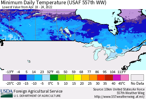 Canada Minimum Daily Temperature (USAF 557th WW) Thematic Map For 4/18/2022 - 4/24/2022