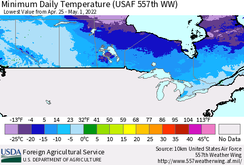 Canada Minimum Daily Temperature (USAF 557th WW) Thematic Map For 4/25/2022 - 5/1/2022