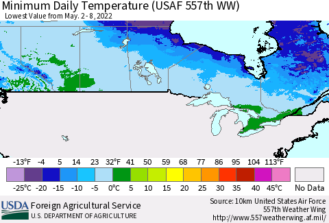 Canada Minimum Daily Temperature (USAF 557th WW) Thematic Map For 5/2/2022 - 5/8/2022