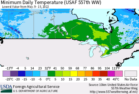 Canada Minimum Daily Temperature (USAF 557th WW) Thematic Map For 5/9/2022 - 5/15/2022