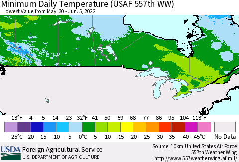 Canada Minimum Daily Temperature (USAF 557th WW) Thematic Map For 5/30/2022 - 6/5/2022
