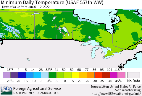Canada Minimum Daily Temperature (USAF 557th WW) Thematic Map For 6/6/2022 - 6/12/2022