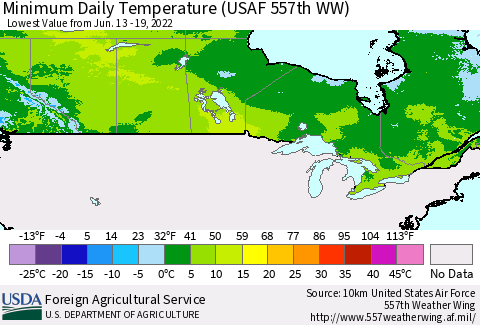 Canada Minimum Daily Temperature (USAF 557th WW) Thematic Map For 6/13/2022 - 6/19/2022