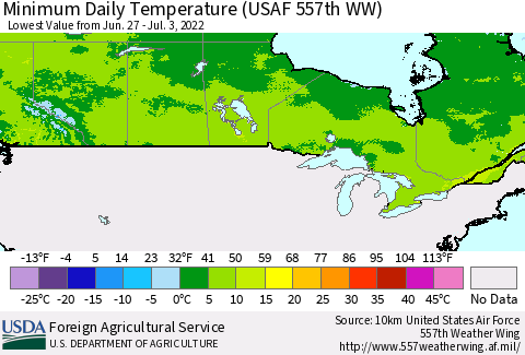 Canada Minimum Daily Temperature (USAF 557th WW) Thematic Map For 6/27/2022 - 7/3/2022
