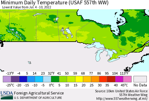 Canada Minimum Daily Temperature (USAF 557th WW) Thematic Map For 7/4/2022 - 7/10/2022