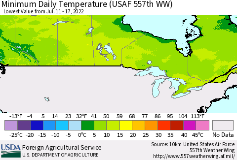 Canada Minimum Daily Temperature (USAF 557th WW) Thematic Map For 7/11/2022 - 7/17/2022