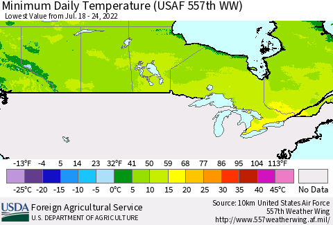 Canada Minimum Daily Temperature (USAF 557th WW) Thematic Map For 7/18/2022 - 7/24/2022