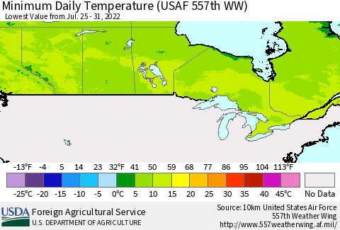 Canada Minimum Daily Temperature (USAF 557th WW) Thematic Map For 7/25/2022 - 7/31/2022