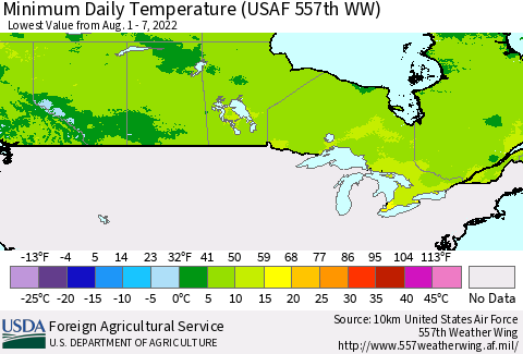 Canada Minimum Daily Temperature (USAF 557th WW) Thematic Map For 8/1/2022 - 8/7/2022