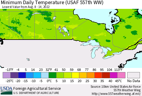 Canada Minimum Daily Temperature (USAF 557th WW) Thematic Map For 8/8/2022 - 8/14/2022