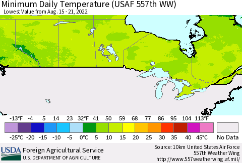 Canada Minimum Daily Temperature (USAF 557th WW) Thematic Map For 8/15/2022 - 8/21/2022