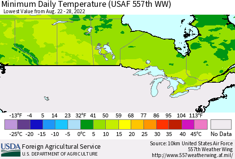 Canada Minimum Daily Temperature (USAF 557th WW) Thematic Map For 8/22/2022 - 8/28/2022