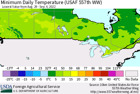 Canada Minimum Daily Temperature (USAF 557th WW) Thematic Map For 8/29/2022 - 9/4/2022