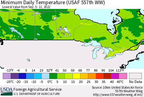 Canada Minimum Daily Temperature (USAF 557th WW) Thematic Map For 9/5/2022 - 9/11/2022