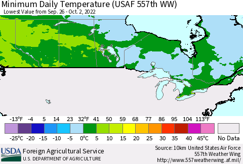 Canada Minimum Daily Temperature (USAF 557th WW) Thematic Map For 9/26/2022 - 10/2/2022